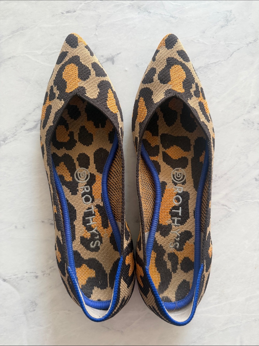 Rothy's Leopard Print Pointed Toe Flats in Tan, Black and Gold